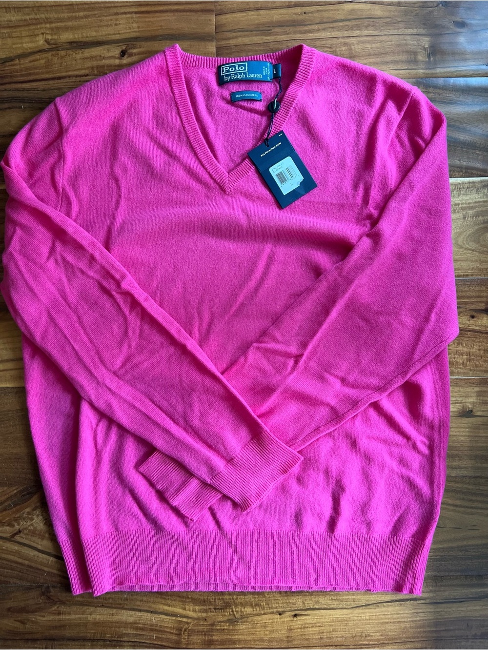 100% Cashmere Ralph Lauren Polo V-Neck Sweater in Bright Pink